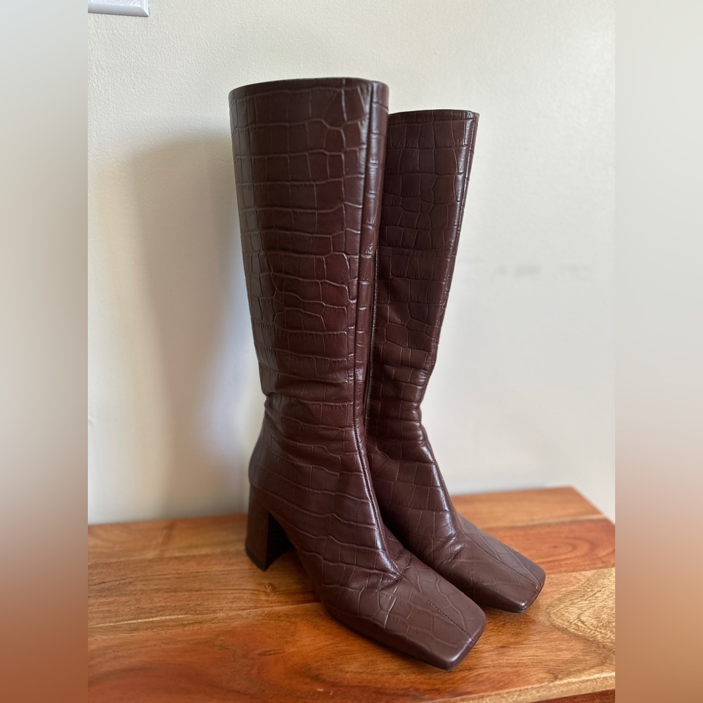 Topshop Dark Brown Croc-Embossed Boots